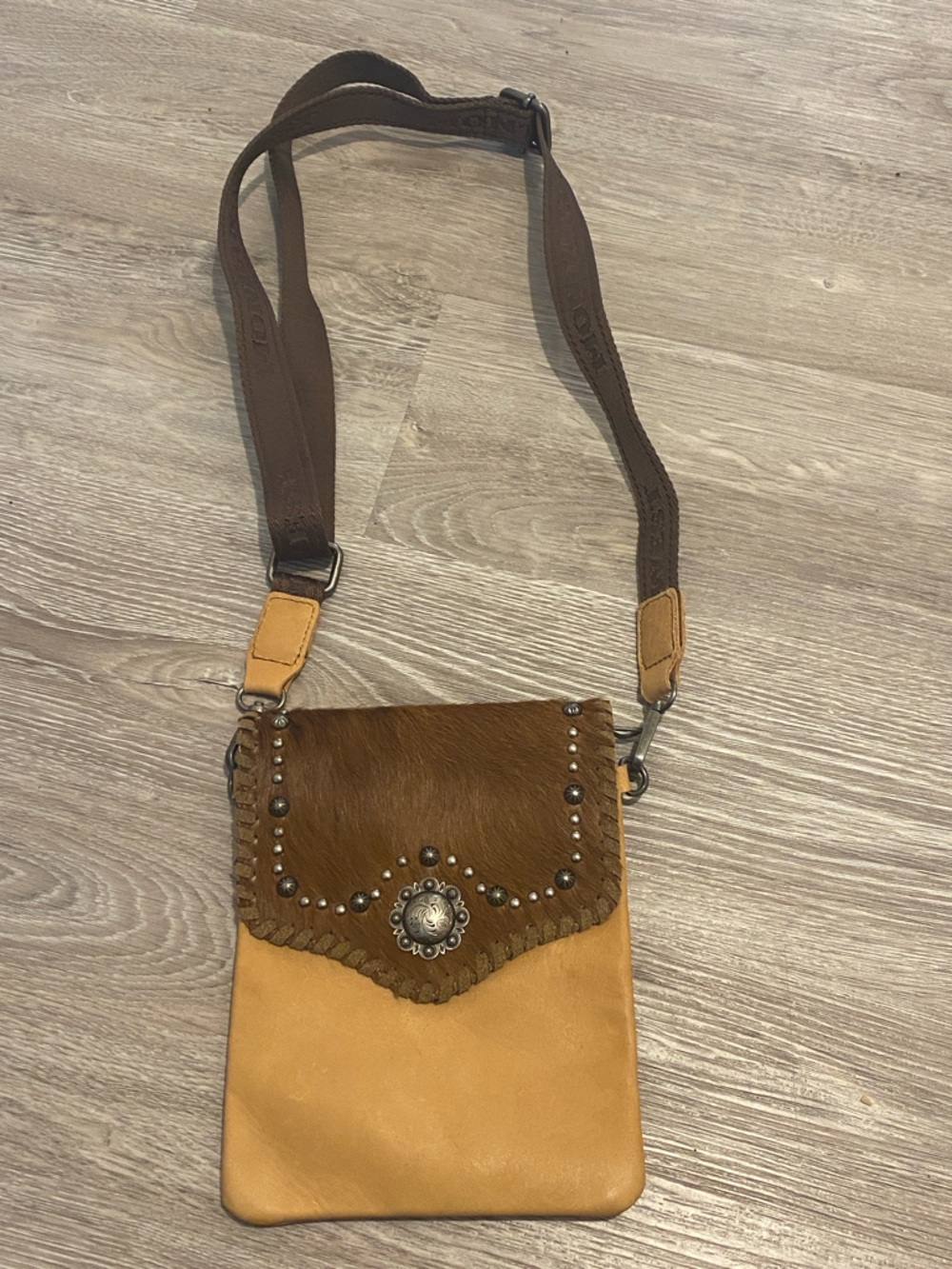 Montana West Brown and Tan Crossbody Bag with Stud and Concho Detail